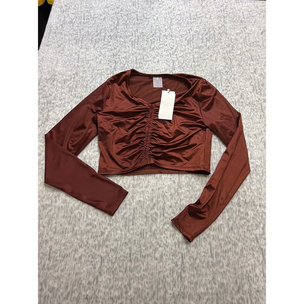 CALIA Womens LS Ruched Rash Guard Red Brown Shine Crop Top UPF 50+ M